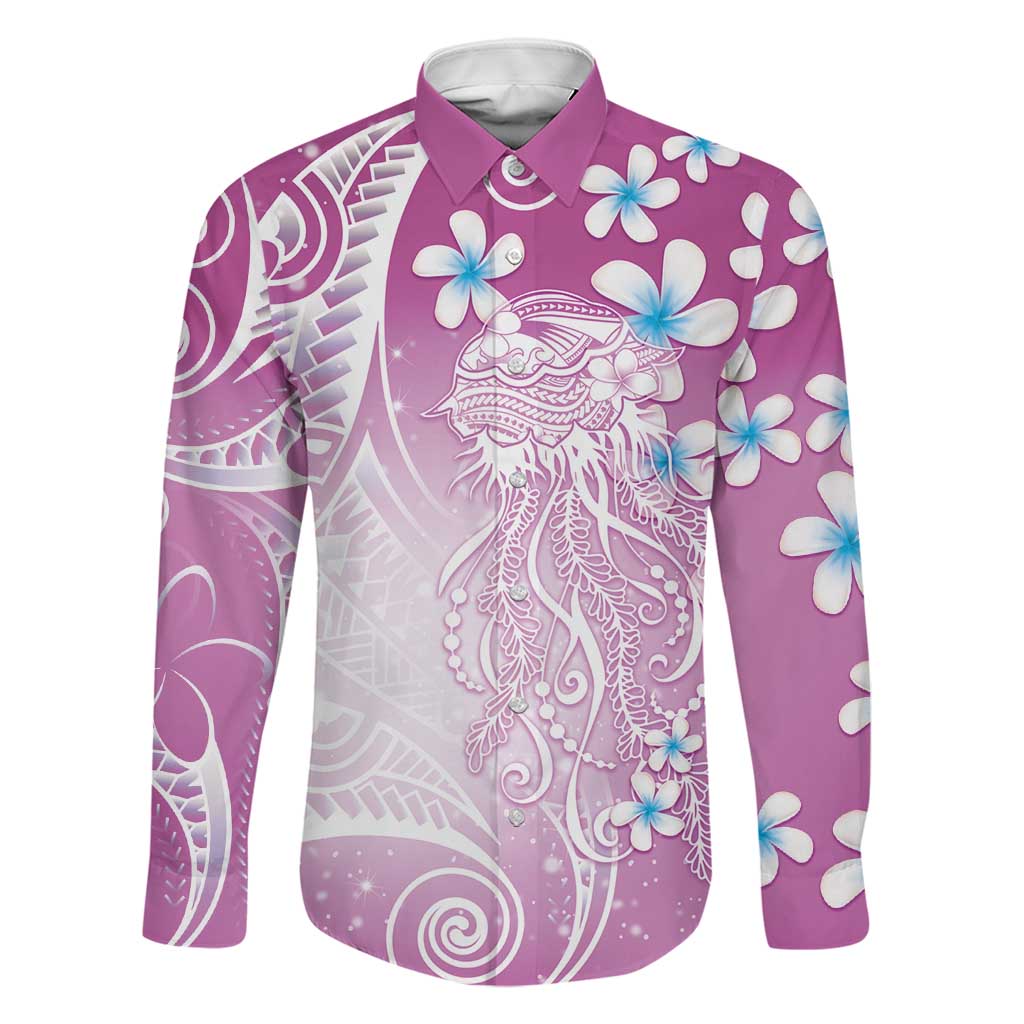 Polynesian Jellyfish Family Matching Long Sleeve Bodycon Dress and Hawaiian Shirt With Plumeria Pink LT05 Dad's Shirt - Long Sleeve Pink - Polynesian Pride