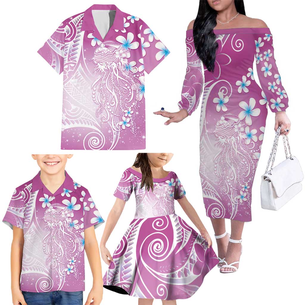 Polynesian Jellyfish Family Matching Off The Shoulder Long Sleeve Dress and Hawaiian Shirt With Plumeria Pink LT05 - Polynesian Pride