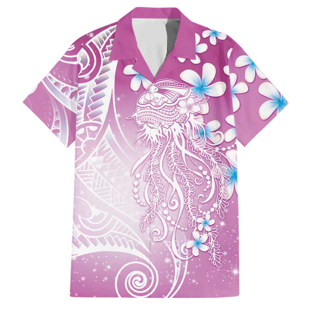 Polynesian Jellyfish Family Matching Off The Shoulder Long Sleeve Dress and Hawaiian Shirt With Plumeria Pink LT05 Dad's Shirt - Short Sleeve Pink - Polynesian Pride