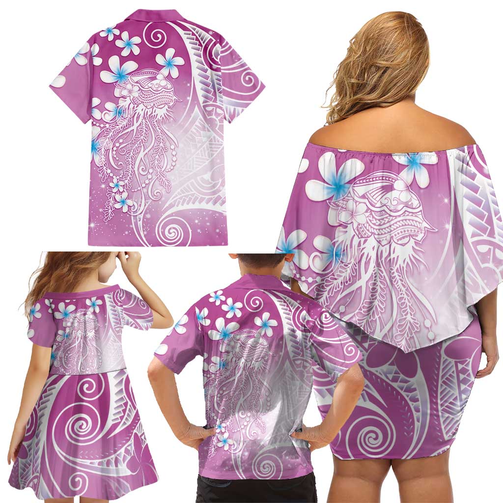 Polynesian Jellyfish Family Matching Off Shoulder Short Dress and Hawaiian Shirt With Plumeria Pink LT05 - Polynesian Pride