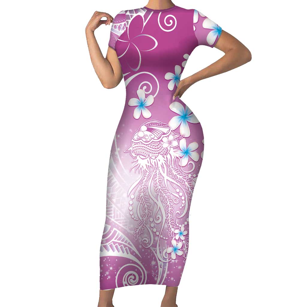 Polynesian Jellyfish Family Matching Short Sleeve Bodycon Dress and Hawaiian Shirt With Plumeria Pink LT05 Mom's Dress Pink - Polynesian Pride
