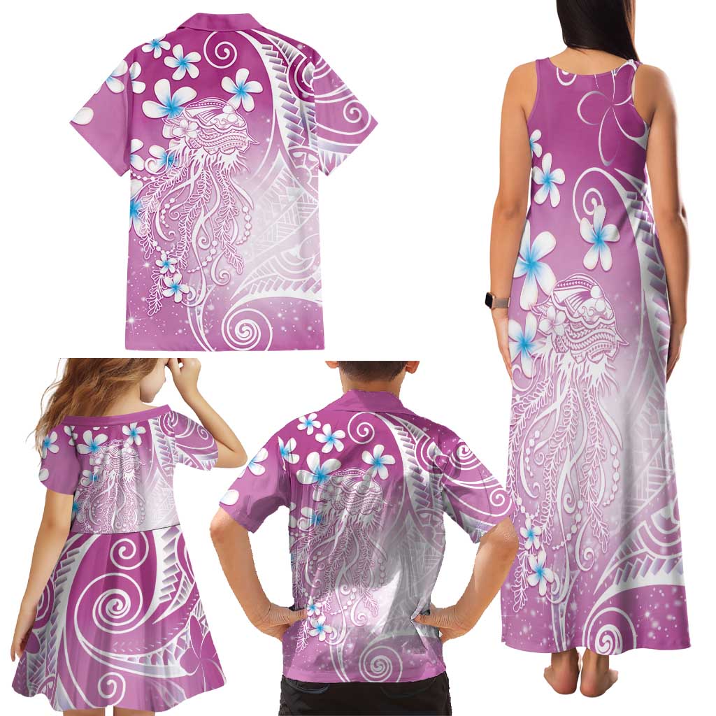 Polynesian Jellyfish Family Matching Tank Maxi Dress and Hawaiian Shirt With Plumeria Pink LT05 - Polynesian Pride