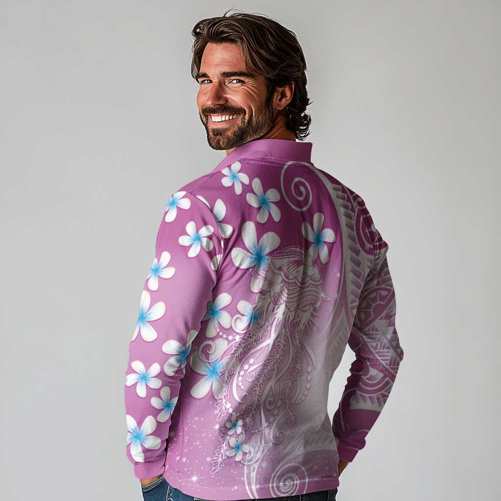 Polynesian Jellyfish Long Sleeve Polo Shirt With Plumeria Pink
