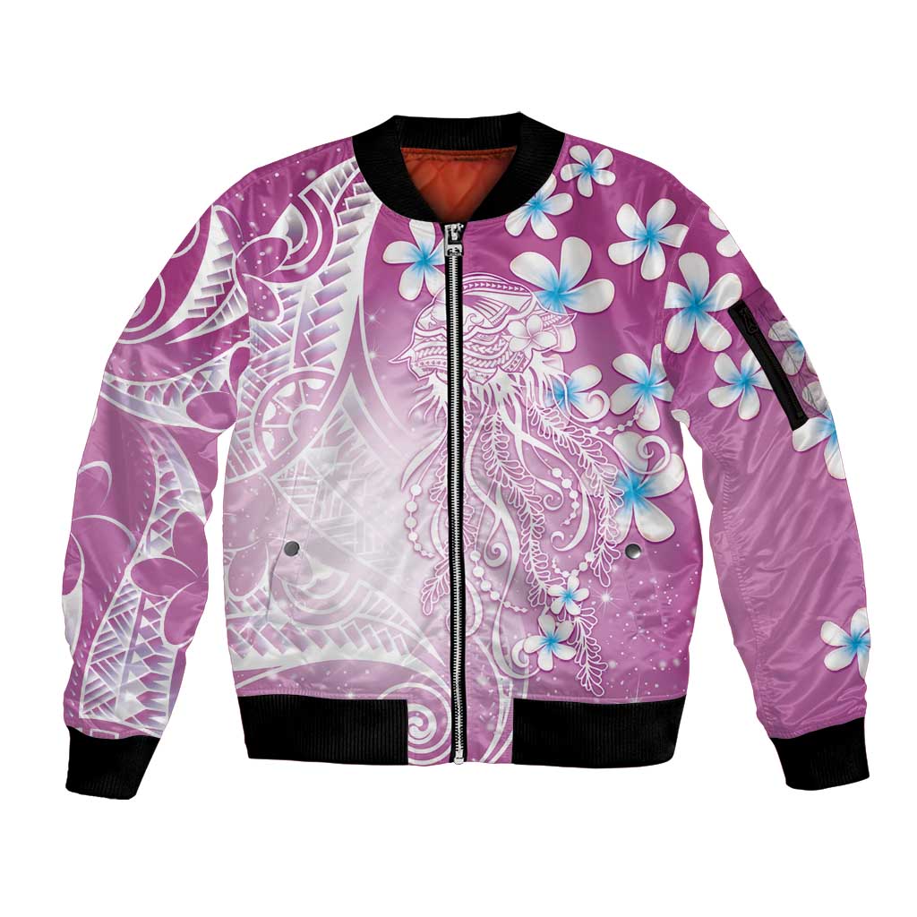 Polynesian Jellyfish Sleeve Zip Bomber Jacket With Plumeria Pink LT05 Unisex Pink - Polynesian Pride