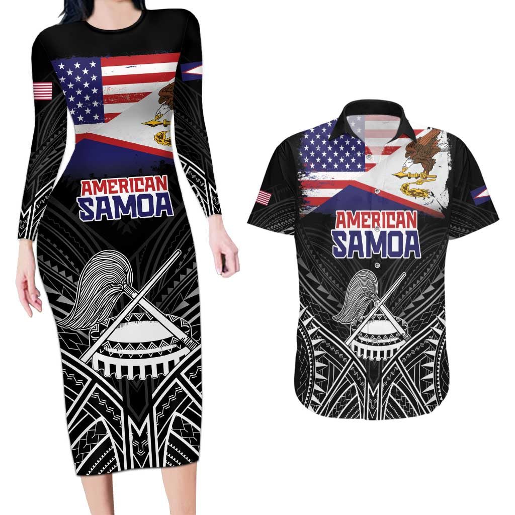 American Samoa Flag Day Couples Matching Long Sleeve Bodycon Dress and Hawaiian Shirt Bald Eagle With Polynesian Pattern