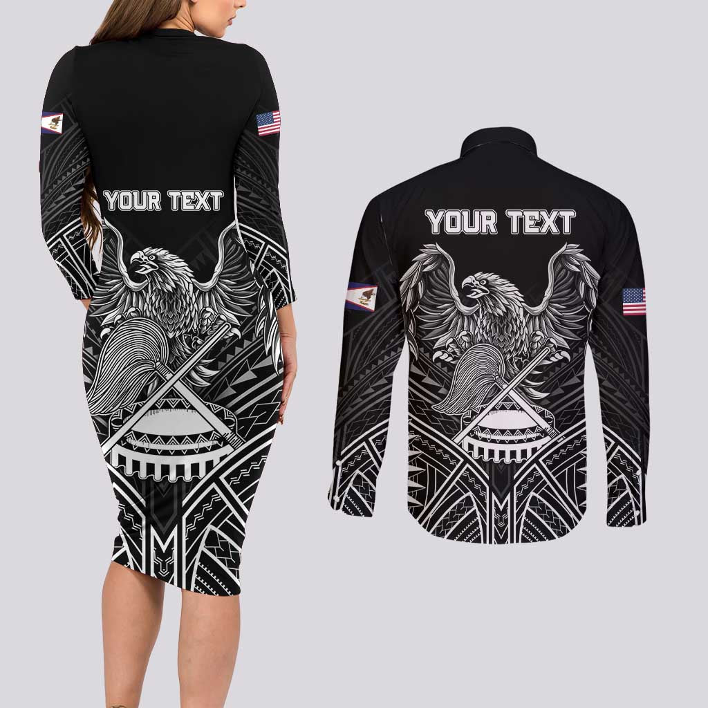 American Samoa Flag Day Couples Matching Long Sleeve Bodycon Dress and Long Sleeve Button Shirt Bald Eagle With Polynesian Pattern