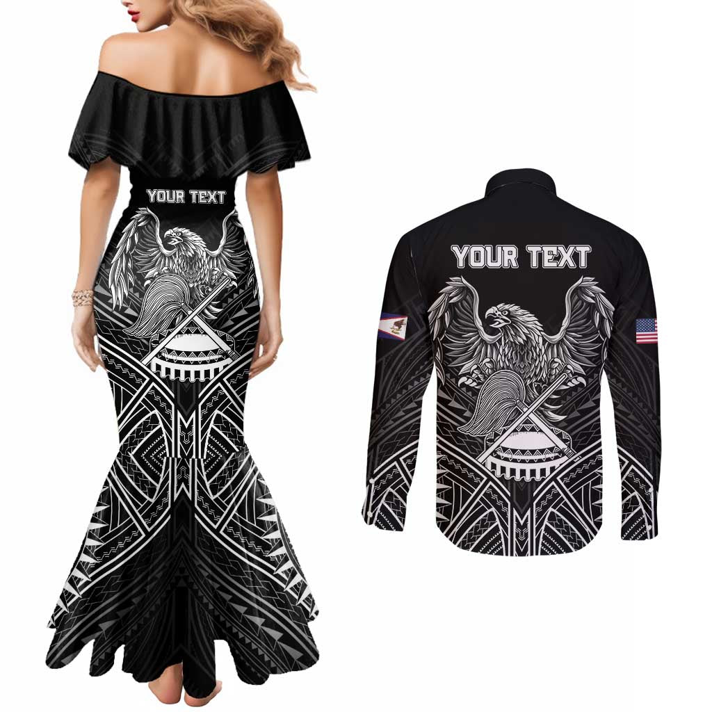 American Samoa Flag Day Couples Matching Mermaid Dress and Long Sleeve Button Shirt Bald Eagle With Polynesian Pattern
