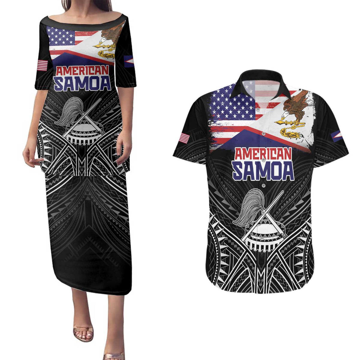 American Samoa Flag Day Couples Matching Puletasi and Hawaiian Shirt Bald Eagle With Polynesian Pattern