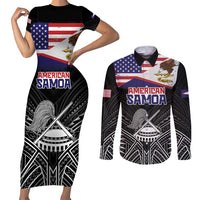American Samoa Flag Day Couples Matching Short Sleeve Bodycon Dress and Long Sleeve Button Shirt Bald Eagle With Polynesian Pattern