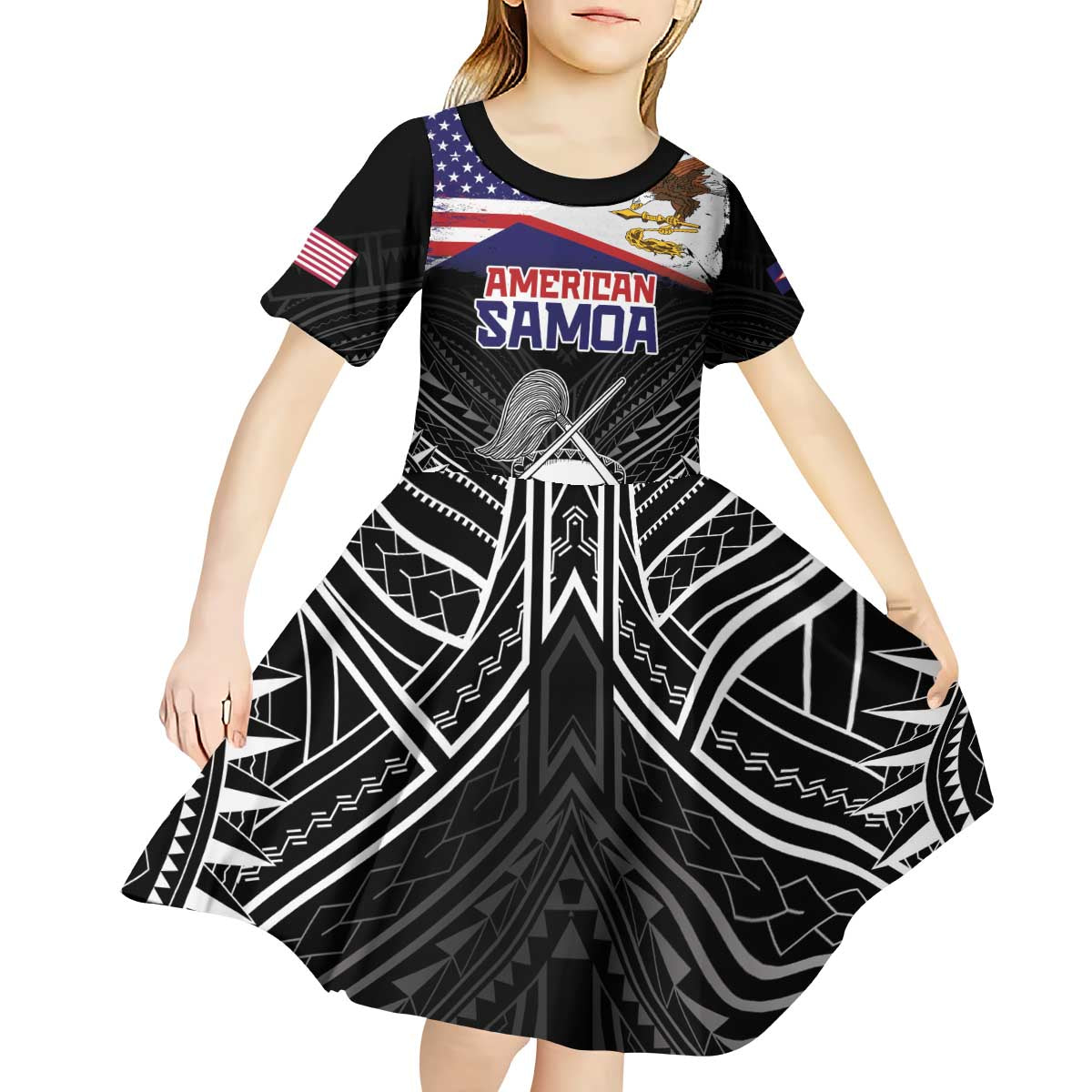 American Samoa Flag Day Kid Short Sleeve Dress Bald Eagle With Polynesian Pattern