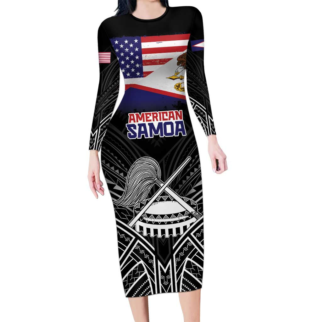 American Samoa Flag Day Long Sleeve Bodycon Dress Bald Eagle With Polynesian Pattern