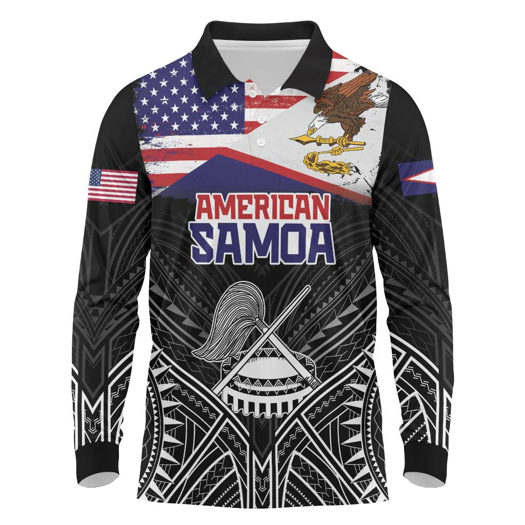 American Samoa Flag Day Long Sleeve Polo Shirt Bald Eagle With Polynesian Pattern