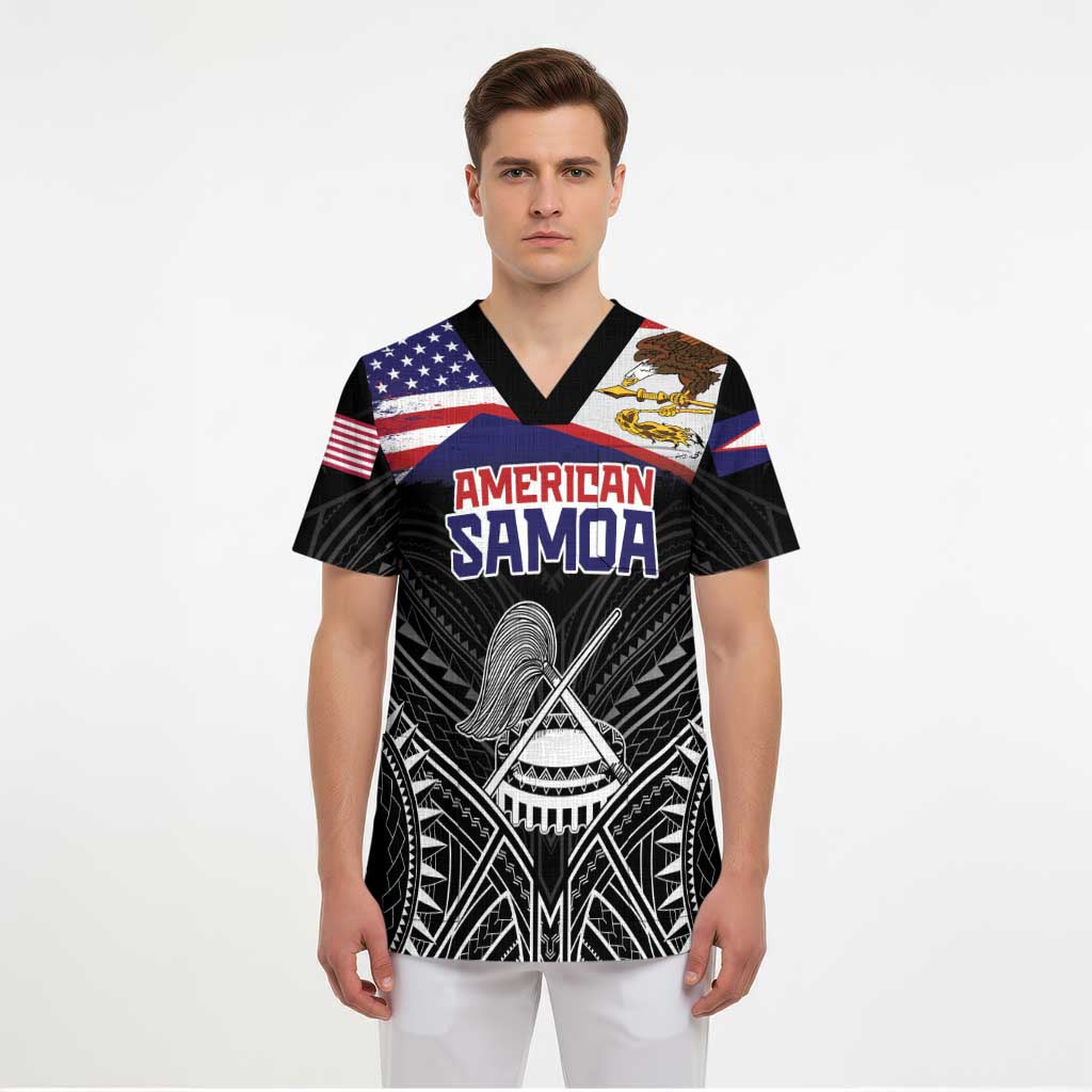 Personalised American Samoa Flag Day Scrub Top Bald Eagle With Polynesian Pattern - Polynesian Pride