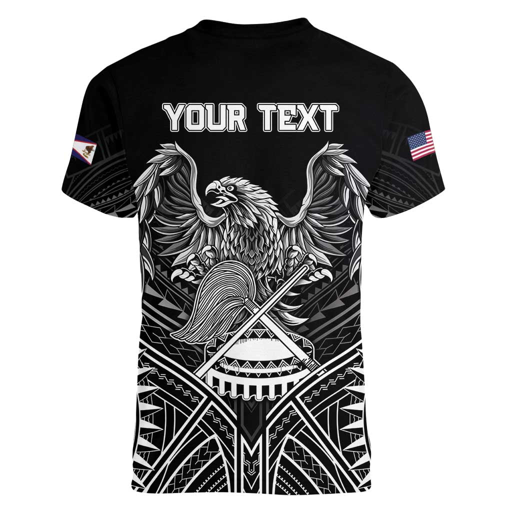 American Samoa Flag Day Women V-Neck T-Shirt Bald Eagle With Polynesian Pattern