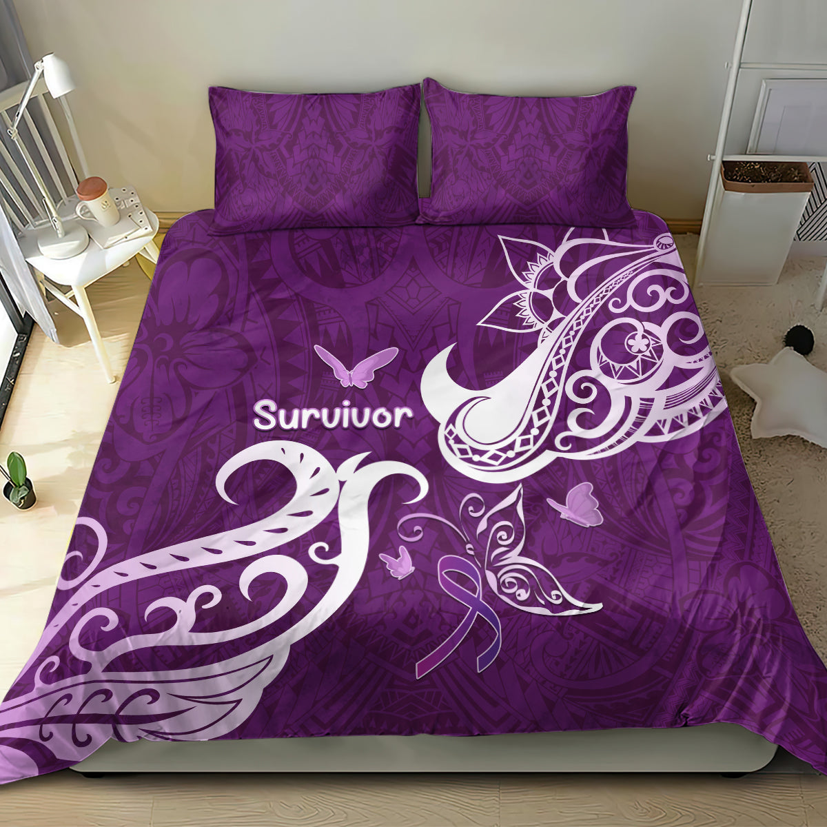 Fibromyalgia Awareness Bedding Set Polynesian Purple Ribbon