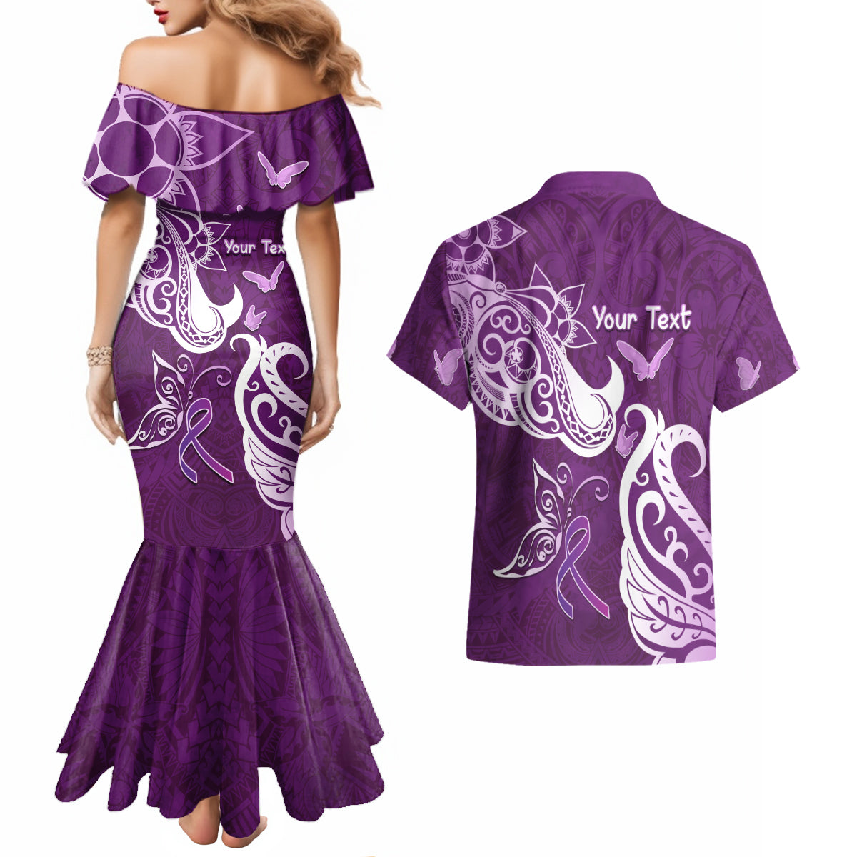 Personalised Fibromyalgia Awareness Couples Matching Mermaid Dress and Hawaiian Shirt Polynesian Purple Ribbon