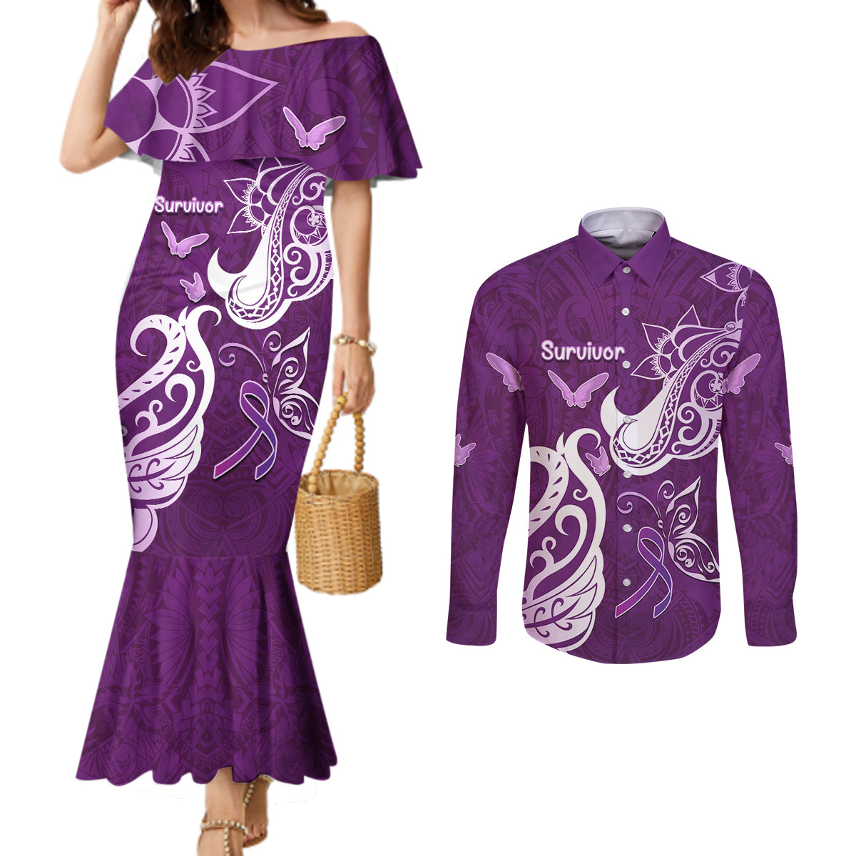 Personalised Fibromyalgia Awareness Couples Matching Mermaid Dress and Long Sleeve Button Shirt Polynesian Purple Ribbon