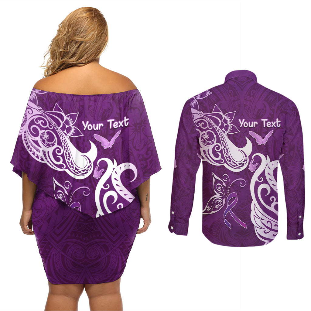 Personalised Fibromyalgia Awareness Couples Matching Off Shoulder Short Dress and Long Sleeve Button Shirt Polynesian Purple Ribbon