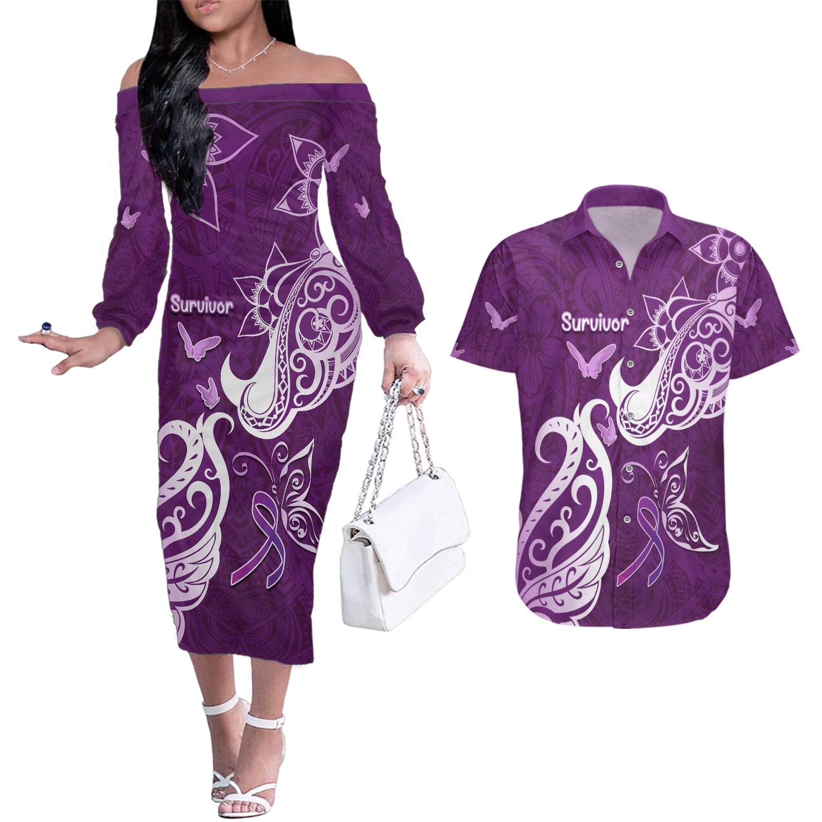 Personalised Fibromyalgia Awareness Couples Matching Off The Shoulder Long Sleeve Dress and Hawaiian Shirt Polynesian Purple Ribbon