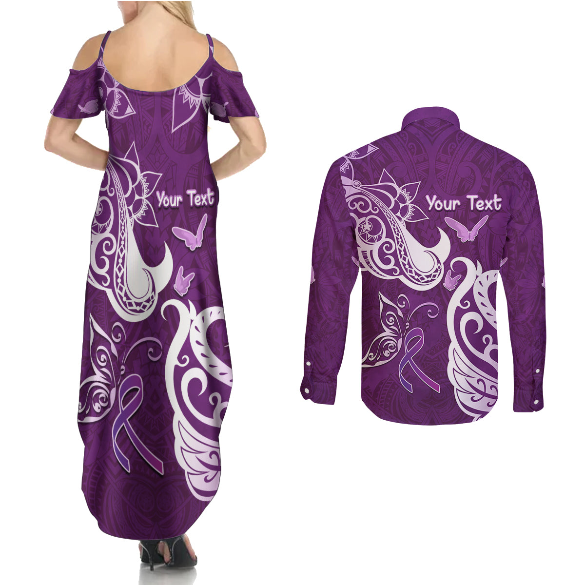 Personalised Fibromyalgia Awareness Couples Matching Summer Maxi Dress and Long Sleeve Button Shirt Polynesian Purple Ribbon