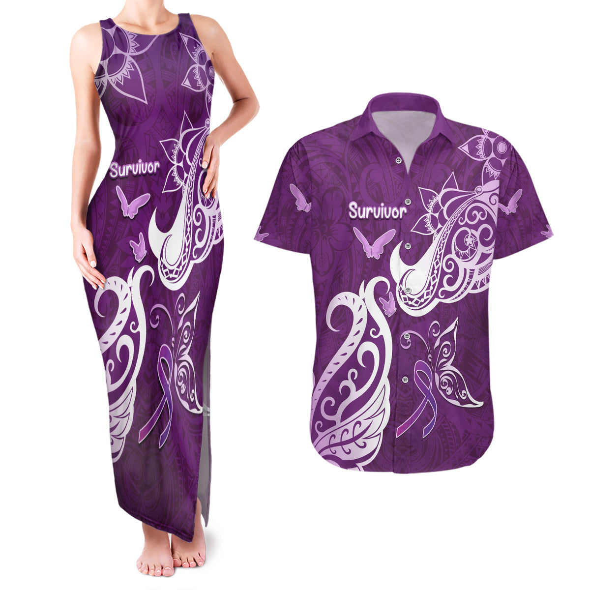 Personalised Fibromyalgia Awareness Couples Matching Tank Maxi Dress and Hawaiian Shirt Polynesian Purple Ribbon