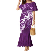 Personalised Fibromyalgia Awareness Family Matching Mermaid Dress and Hawaiian Shirt Polynesian Purple Ribbon