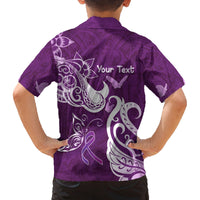 Personalised Fibromyalgia Awareness Family Matching Off Shoulder Short Dress and Hawaiian Shirt Polynesian Purple Ribbon