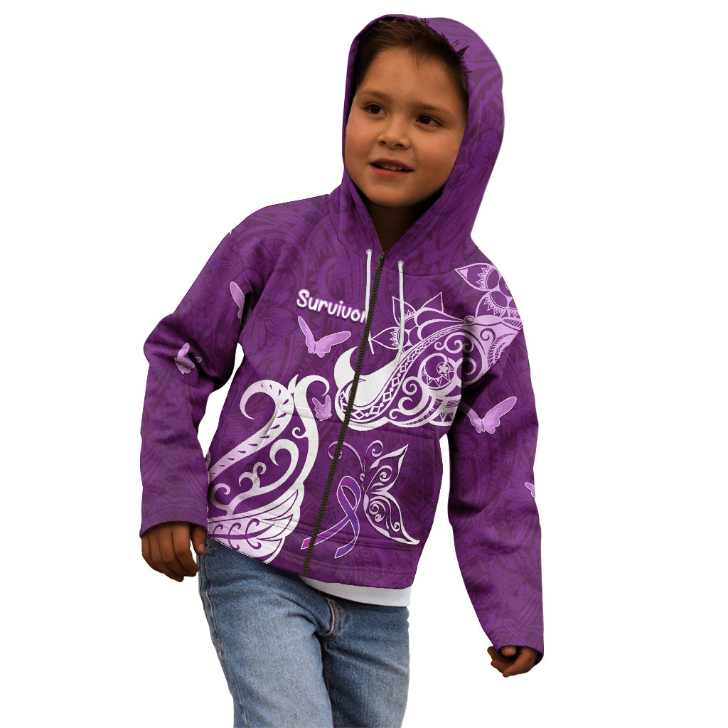 Personalised Fibromyalgia Awareness Kid Hoodie Polynesian Purple Ribbon