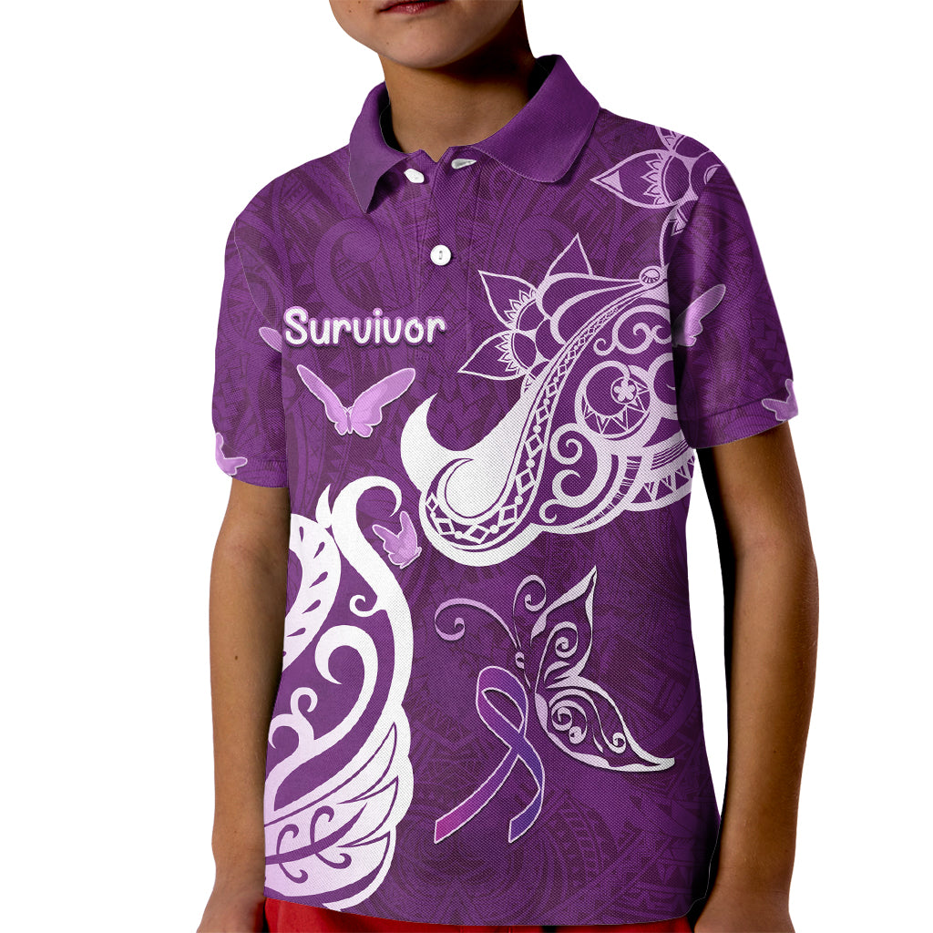 Personalised Fibromyalgia Awareness Kid Polo Shirt Polynesian Purple Ribbon