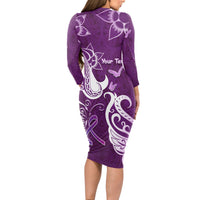 Personalised Fibromyalgia Awareness Long Sleeve Bodycon Dress Polynesian Purple Ribbon