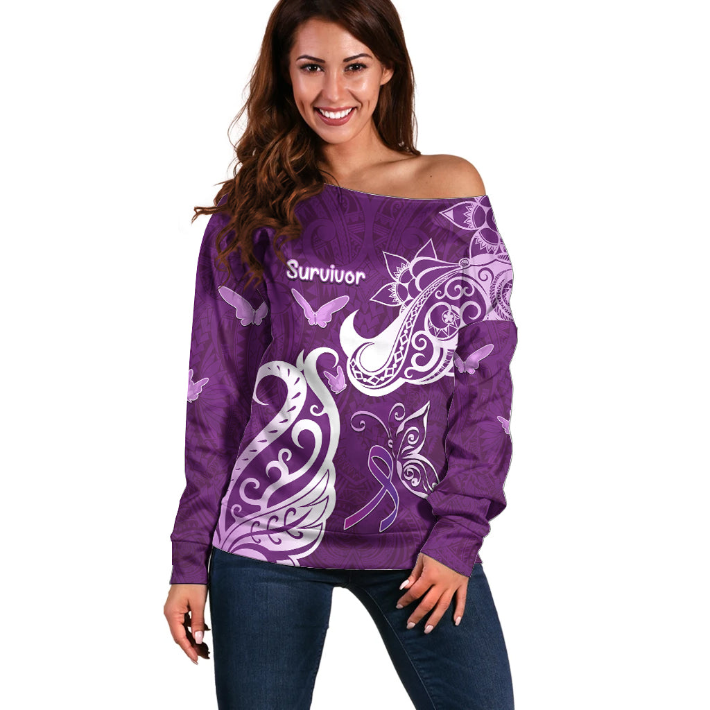 Personalised Fibromyalgia Awareness Off Shoulder Sweater Polynesian Purple Ribbon