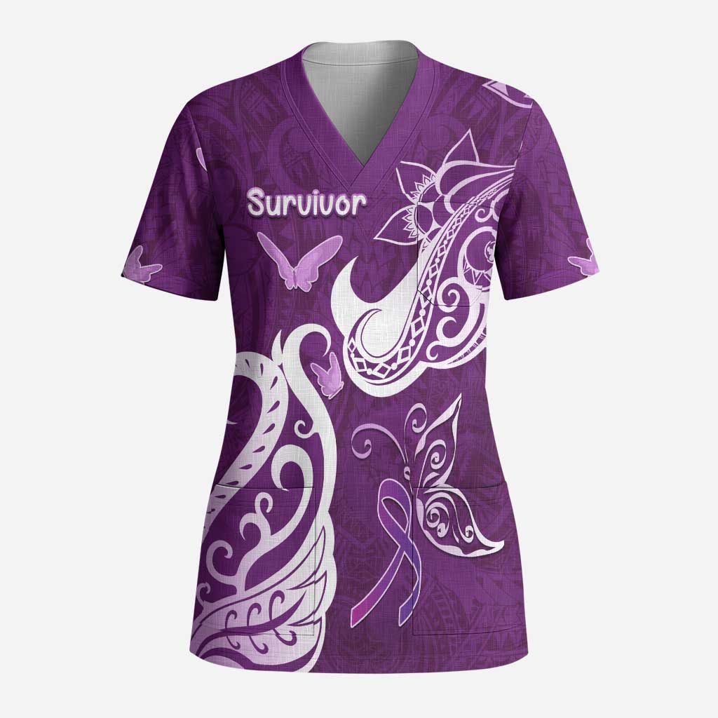 Personalised Fibromyalgia Awareness Scrub Top Polynesian Purple Ribbon - Polynesian Pride