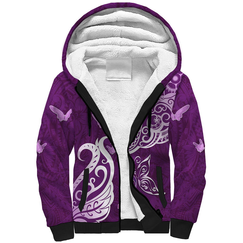 Personalised Fibromyalgia Awareness Sherpa Hoodie Polynesian Purple Ribbon