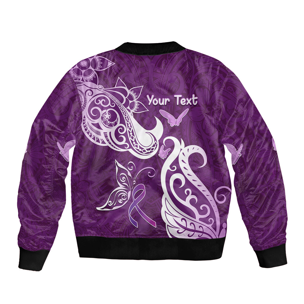 Personalised Fibromyalgia Awareness Sleeve Zip Bomber Jacket Polynesian Purple Ribbon