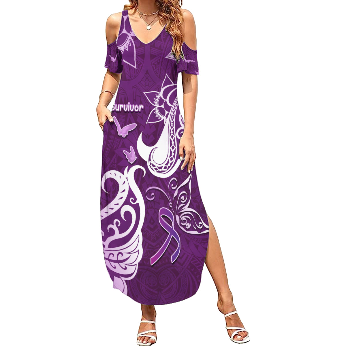 Personalised Fibromyalgia Awareness Summer Maxi Dress Polynesian Purple Ribbon