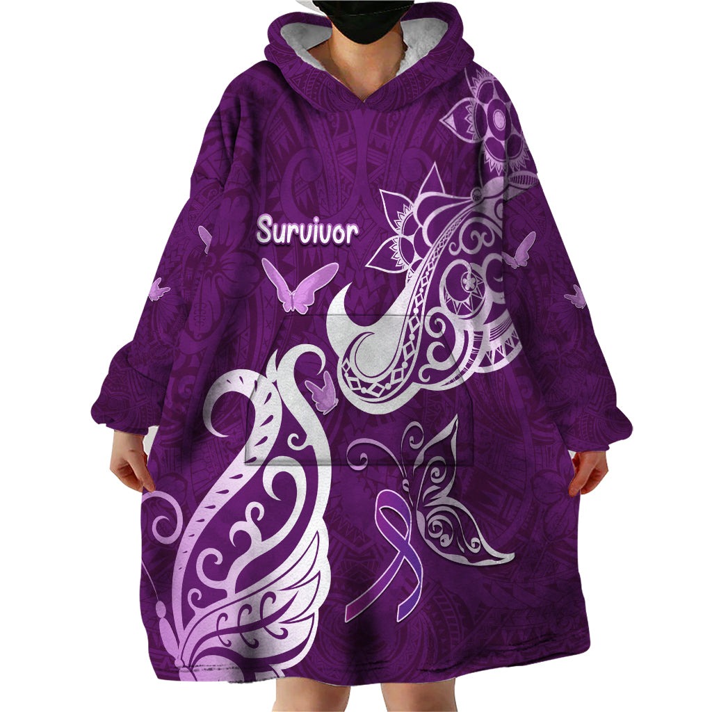 Personalised Fibromyalgia Awareness Wearable Blanket Hoodie Polynesian Purple Ribbon