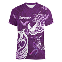 Personalised Fibromyalgia Awareness Women V-Neck T-Shirt Polynesian Purple Ribbon