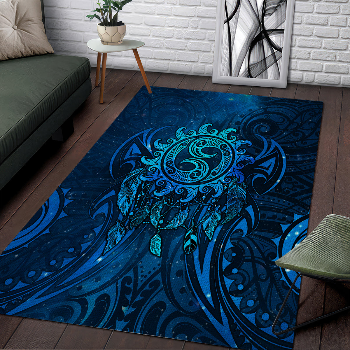 New Zealand Dream Catcher Area Rug Maori Koru Pattern Blue Version