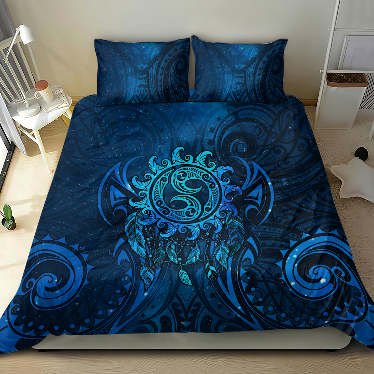 New Zealand Dream Catcher Bedding Set Maori Koru Pattern Blue Version