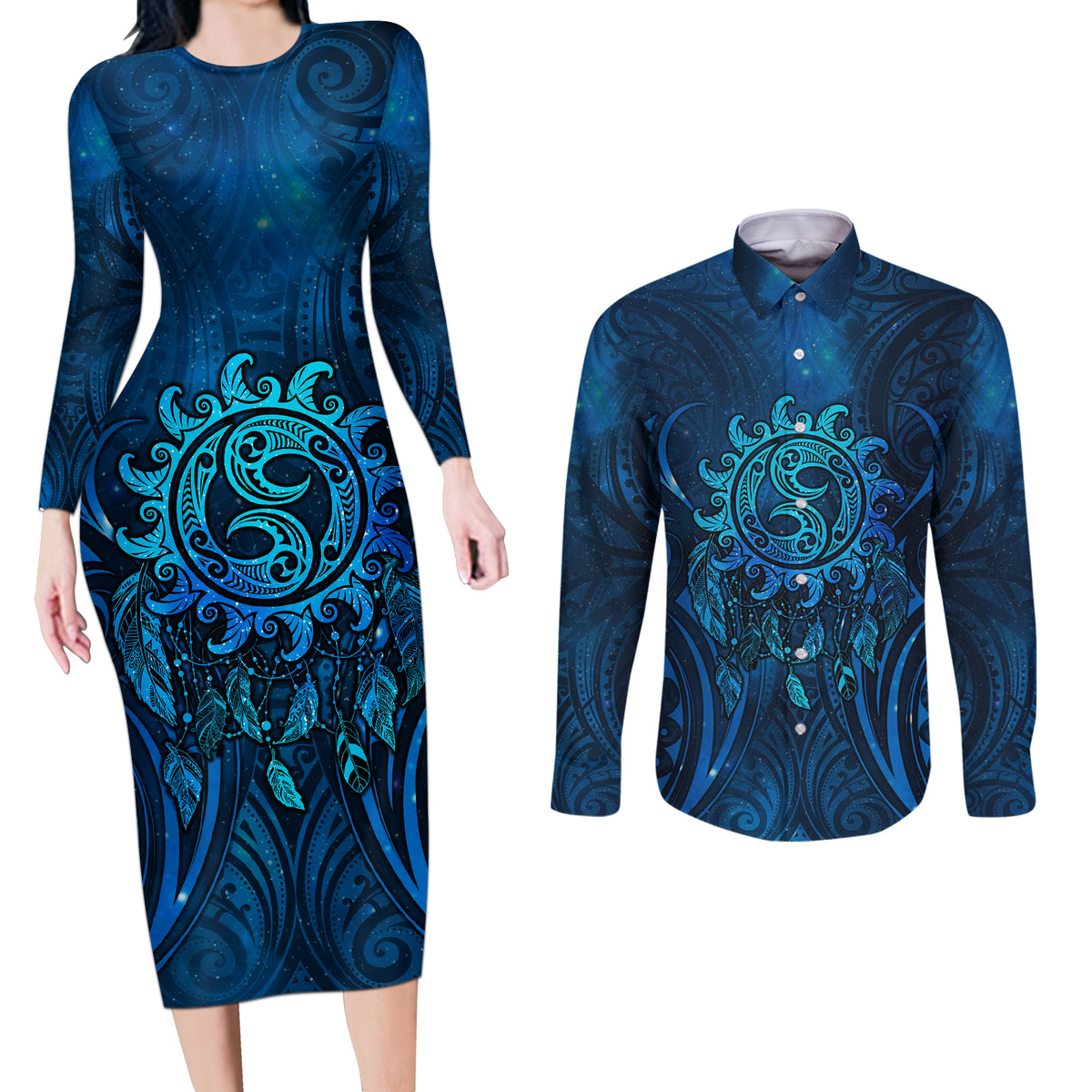 New Zealand Dream Catcher Couples Matching Long Sleeve Bodycon Dress and Long Sleeve Button Shirt Maori Koru Pattern Blue Version LT05 Blue - Polynesian Pride