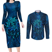 New Zealand Dream Catcher Couples Matching Long Sleeve Bodycon Dress and Long Sleeve Button Shirt Maori Koru Pattern Blue Version LT05 Blue - Polynesian Pride