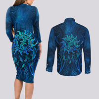 New Zealand Dream Catcher Couples Matching Long Sleeve Bodycon Dress and Long Sleeve Button Shirt Maori Koru Pattern Blue Version LT05 - Polynesian Pride