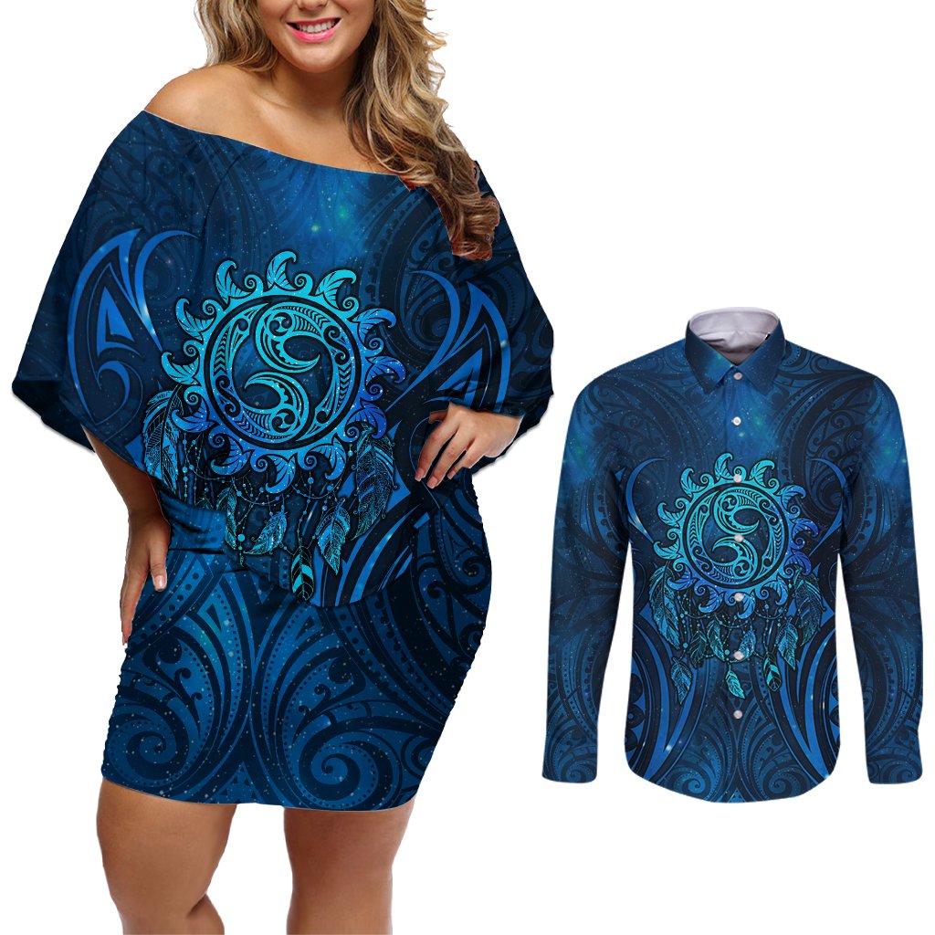 New Zealand Dream Catcher Couples Matching Off Shoulder Short Dress and Long Sleeve Button Shirt Maori Koru Pattern Blue Version