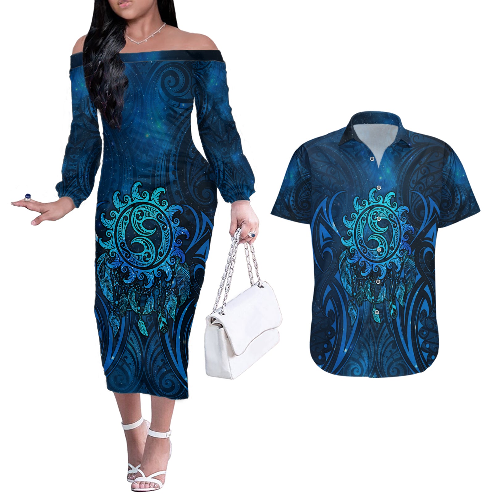 New Zealand Dream Catcher Couples Matching Off The Shoulder Long Sleeve Dress and Hawaiian Shirt Maori Koru Pattern Blue Version