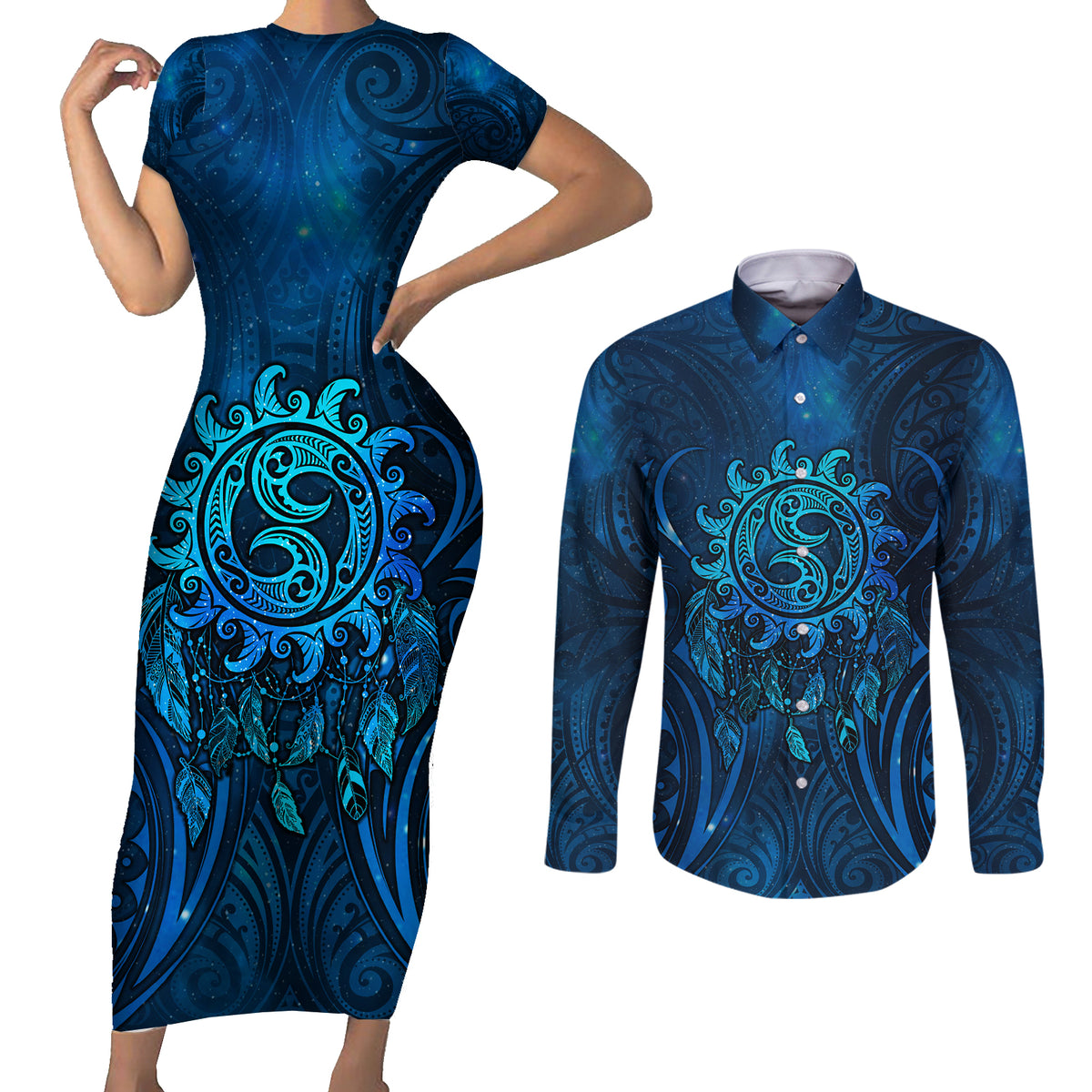 New Zealand Dream Catcher Couples Matching Short Sleeve Bodycon Dress and Long Sleeve Button Shirt Maori Koru Pattern Blue Version LT05 Blue - Polynesian Pride