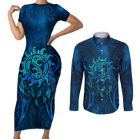 New Zealand Dream Catcher Couples Matching Short Sleeve Bodycon Dress and Long Sleeve Button Shirt Maori Koru Pattern Blue Version LT05 Blue - Polynesian Pride