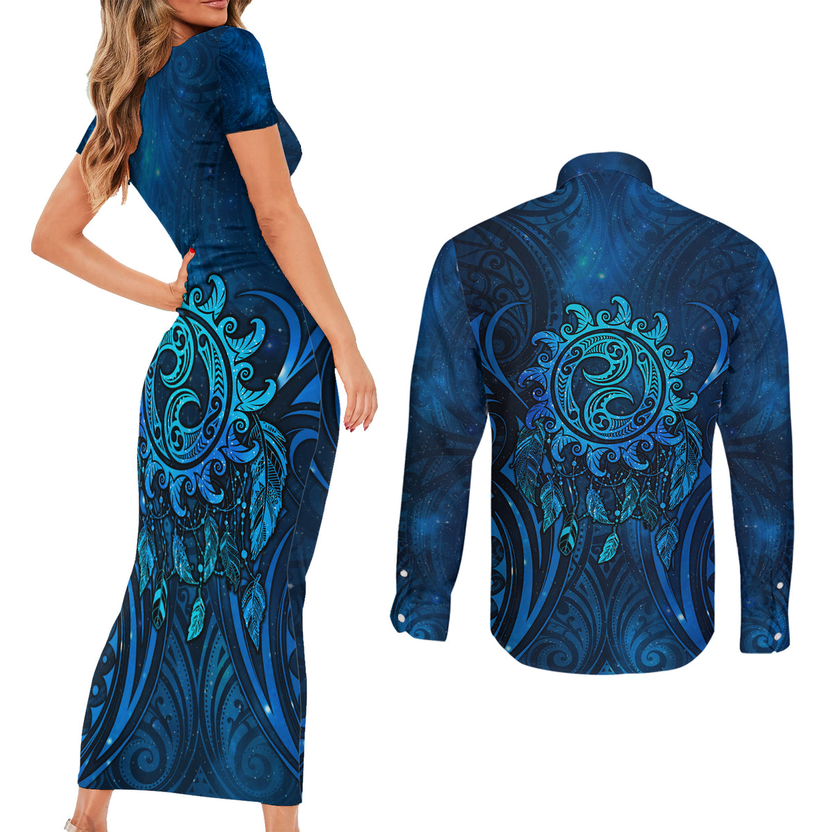 New Zealand Dream Catcher Couples Matching Short Sleeve Bodycon Dress and Long Sleeve Button Shirt Maori Koru Pattern Blue Version LT05 - Polynesian Pride