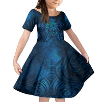 New Zealand Dream Catcher Family Matching Long Sleeve Bodycon Dress and Hawaiian Shirt Maori Koru Pattern Blue Version LT05 Daughter's Dress Blue - Polynesian Pride