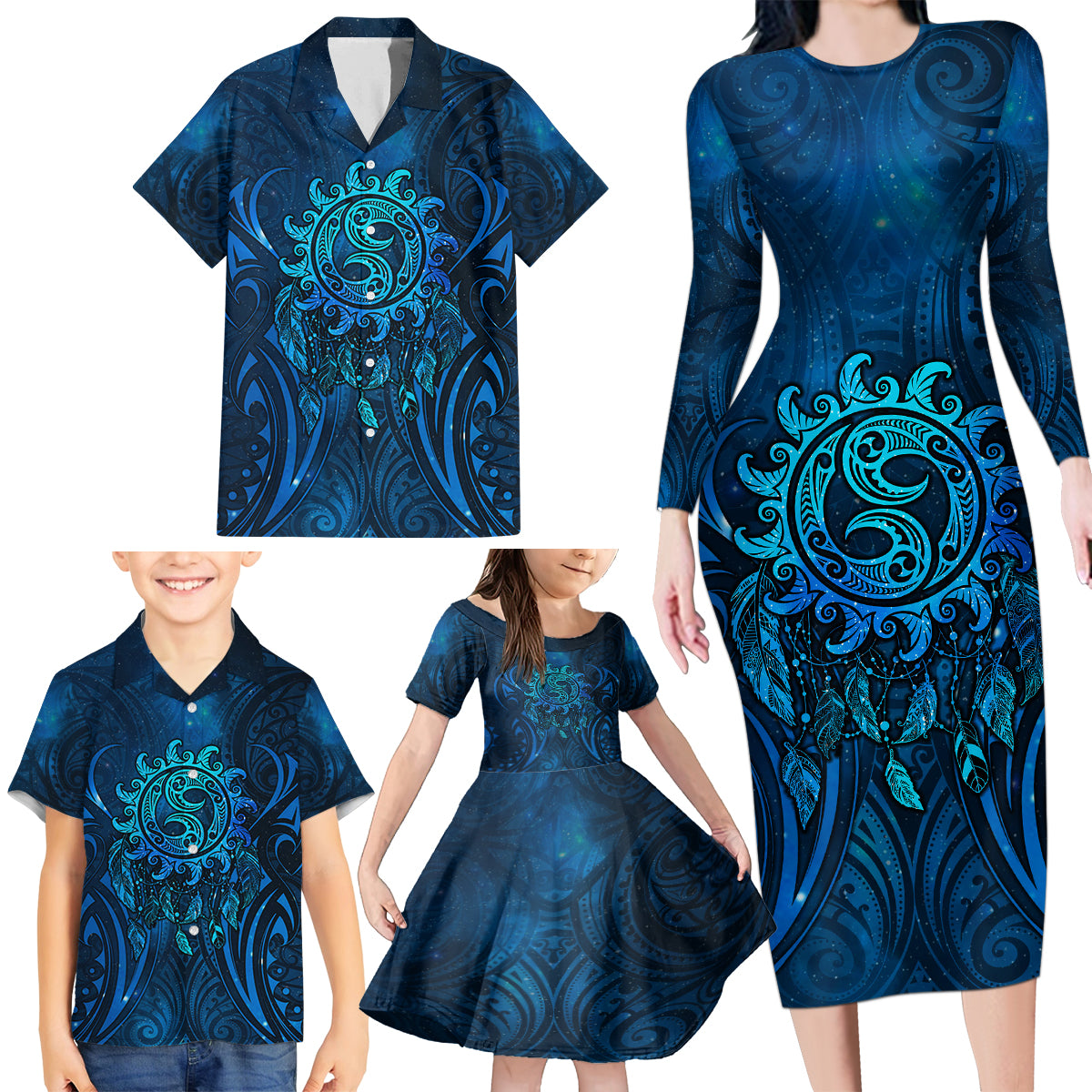 New Zealand Dream Catcher Family Matching Long Sleeve Bodycon Dress and Hawaiian Shirt Maori Koru Pattern Blue Version LT05 - Polynesian Pride