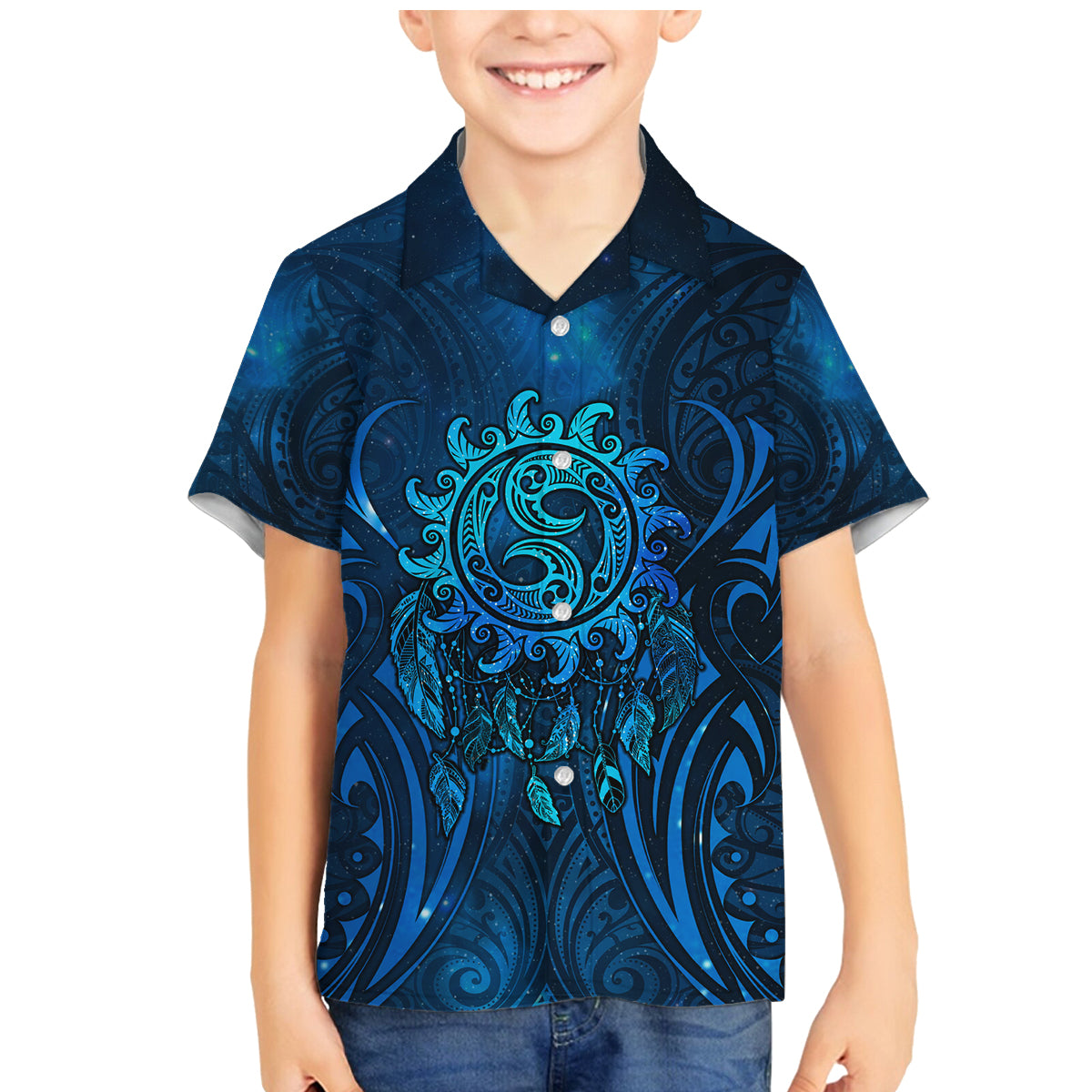 New Zealand Dream Catcher Family Matching Mermaid Dress and Hawaiian Shirt Maori Koru Pattern Blue Version LT05 Son's Shirt Blue - Polynesian Pride